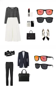 Flat lay of classic TR sunglasses with elegant men's and women's fashion accessories