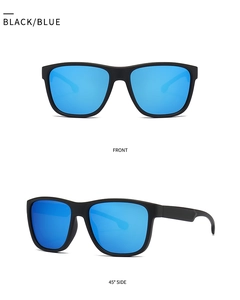 Front and 45 degree side views of matte black square polarized sunglasses with blue lenses