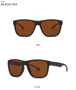 Detail view of square polarized sunglasses with matte black frame and tea lenses