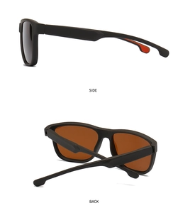 Side and back view of matte black polarized square sunglasses with brown tinted lenses