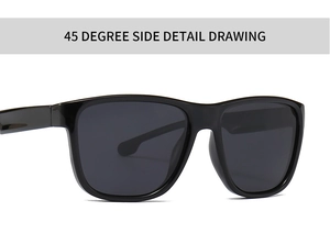 Detailed 45-degree side view of classic black polarized square sunglasses frame craftsmanship