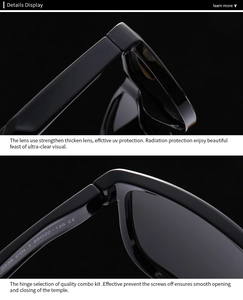Detail display of thickened polarized lenses and metal hinges on black square sunglasses