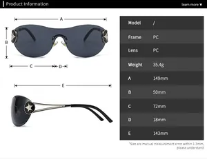 Detailed size specifications for retro oversized one-piece sunglasses with PC frame