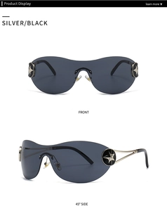 Front and side view of sporty wrap-around sunglasses with silver frame and star emblem