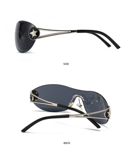 Detail view showing silver star hinge and temples of one-piece rimless sunglasses