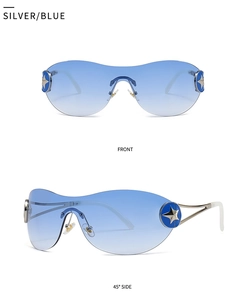 Detail of Y2K rimless sunglasses with blue gradient lenses and silver star accents