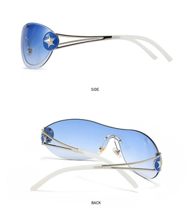 Detail view of blue gradient rimless sunglasses with star accents on silver metal temples