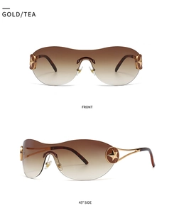 Detail of rimless sunglasses with gold star decoration and tea gradient lenses