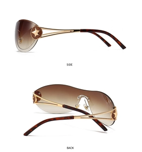 Detail view of gold metal sunglasses frame with star hinge and gradient lenses