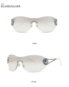 Detail of silver Y2K one-piece shield sunglasses with metal star on hinges