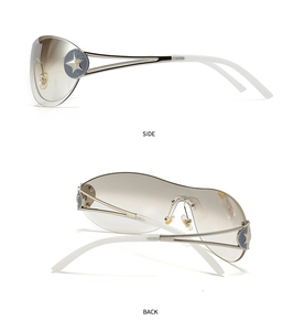 Detail view of Y2K wraparound sunglasses showing the side star logo and back profile
