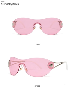 Front and side view of Y2K pink rimless sunglasses with silver star detail