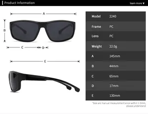 Tableau des tailles détaillé pour lunettes de soleil polarisées avec monture en PC