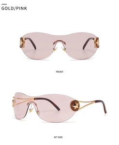 Front and side view of gold metal Y2K sunglasses with pink lenses and star detail