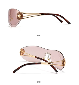 Detail view of pink frameless sunglasses showing side star emblem and tortoiseshell temples