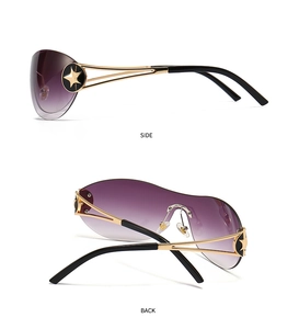Detail of oversized rimless sunglasses featuring gold star accents and purple gradient lenses