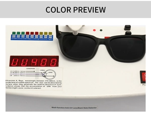 Detail der polarisierten Sonnenbrille mit UV400-Schutztest am professionellen Gerät