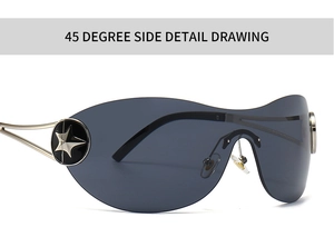 Detail view of silver Y2K oversized sunglasses with unique star emblem on the temple