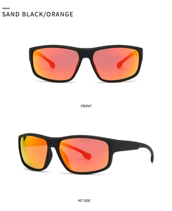 Vues frontale et latérale de lunettes de soleil carrées noir mat avec verres orange miroirs