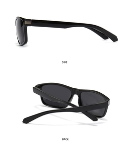 Detaillierte Seiten- und Rückansicht der klassischen schwarzen quadratischen Sonnenbrille
