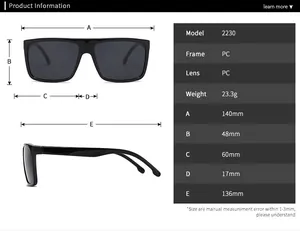 Detailed size specifications for square frame polarized sunglasses model 2230