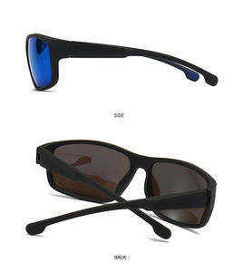 Vues latérale et arrière de lunettes de soleil carrées noir mat avec verres bleus