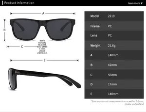 Detailed size chart for retro narrow square polarized sunglasses with PC frame and lens