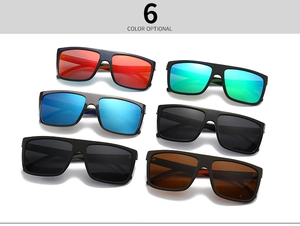 Flat lay of square polarized sunglasses in six colors with matte black frames