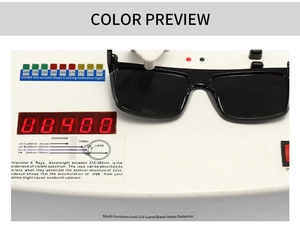 Testing UV400 protection of square polarized sunglasses on an ultraviolet detector