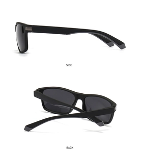 Detailansicht der Seite und Rückseite einer klassischen quadratischen matt schwarzen Sonnenbrille