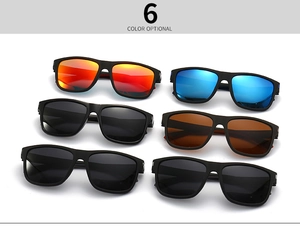 Flat lay of six rectangular polarized sunglasses with various colorful lenses and matte frames