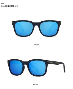Vorder- und 45-Grad-Seitenansicht der schwarzen TR-Polarisations-Sonnenbrille mit blauen Gläsern