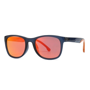 Classic retro square polarized sunglasses with navy frame and orange mirrored lenses