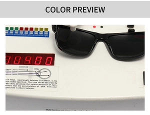 Detailed UV400 protection test showing polarized black square sunglasses on testing device