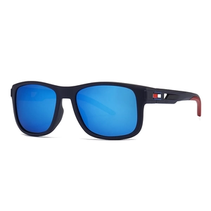 Classic matte black TR square sunglasses with blue reflective lenses and tricolor temple detail