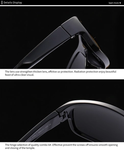Détail macro de lunettes de soleil carrées brillantes montrant les charnières et le marquage CE