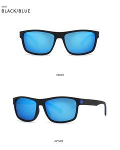 Detailansicht der matt schwarzen quadratischen Polarisations-Sonnenbrille mit blauen Gläsern