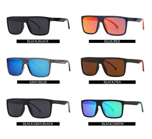 Matrix showing six color options for square frame polarized sunglasses with flat top design