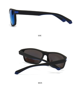 Seiten- und Rückansicht der mattschwarzen Pol-Sonnenbrille mit blauen Sportakzenten