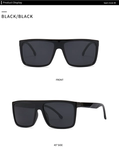 Front and 45-degree side views of black square frame polarized sunglasses for men