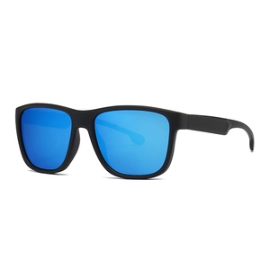 Classic square polarized sunglasses with matte black frames and blue mirrored lenses