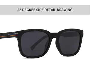 Detailansicht der mattschwarzen Sonnenbrille mit dreifarbigen Streifen im 45-Grad-Winkel