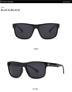 Front and 45 degree side views of black narrow square polarized sunglasses with metal hinges