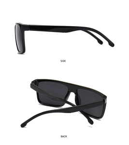 Detailed side and back views of black square polarized sunglasses with glossy finish