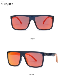 Front and side view of navy blue square polarized sunglasses with orange mirrored lenses