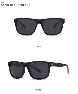 Detail view of sand black rectangular sunglasses with dark lenses and front-side profiles