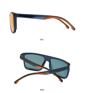 Side and back view of square polarized sunglasses with orange non-slip temple grips