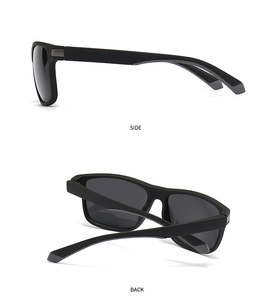 Detail view of matte black narrow square frame sunglasses with silver hinge accents