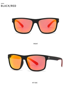 Front and 45-degree side views of black square polarized sunglasses with red mirror lenses