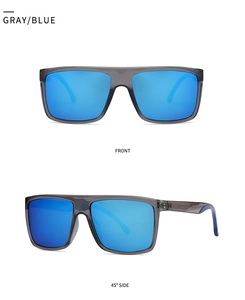 Detail view of square gray sunglasses with blue mirrored lenses from front and side angles
